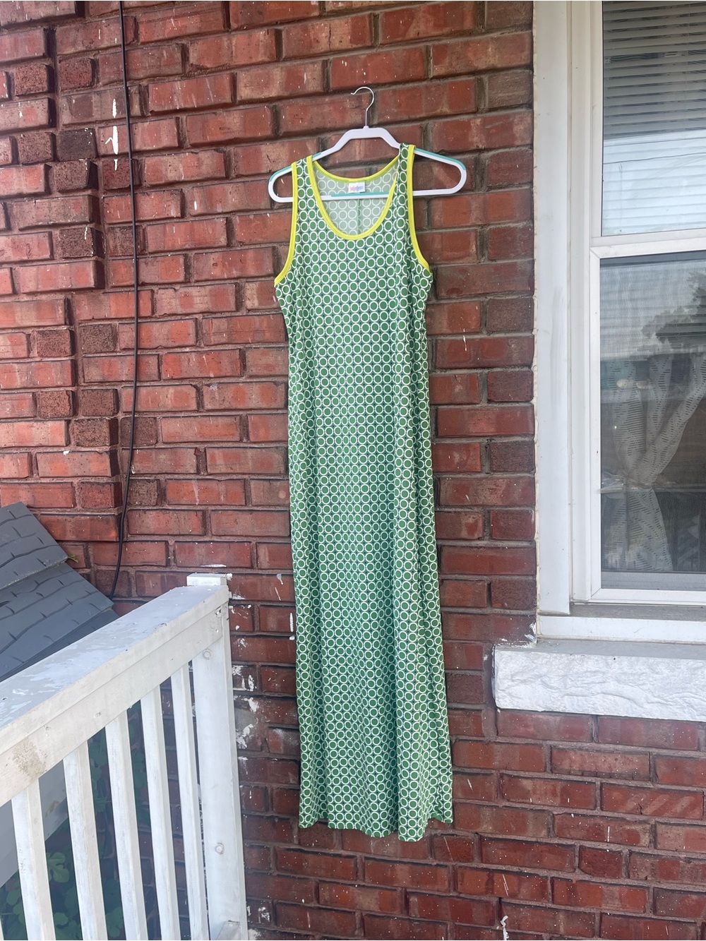 Lula Roe Sleeveless Green Geo-Print Maxi Dress with Yellow Trim Size L #nwt